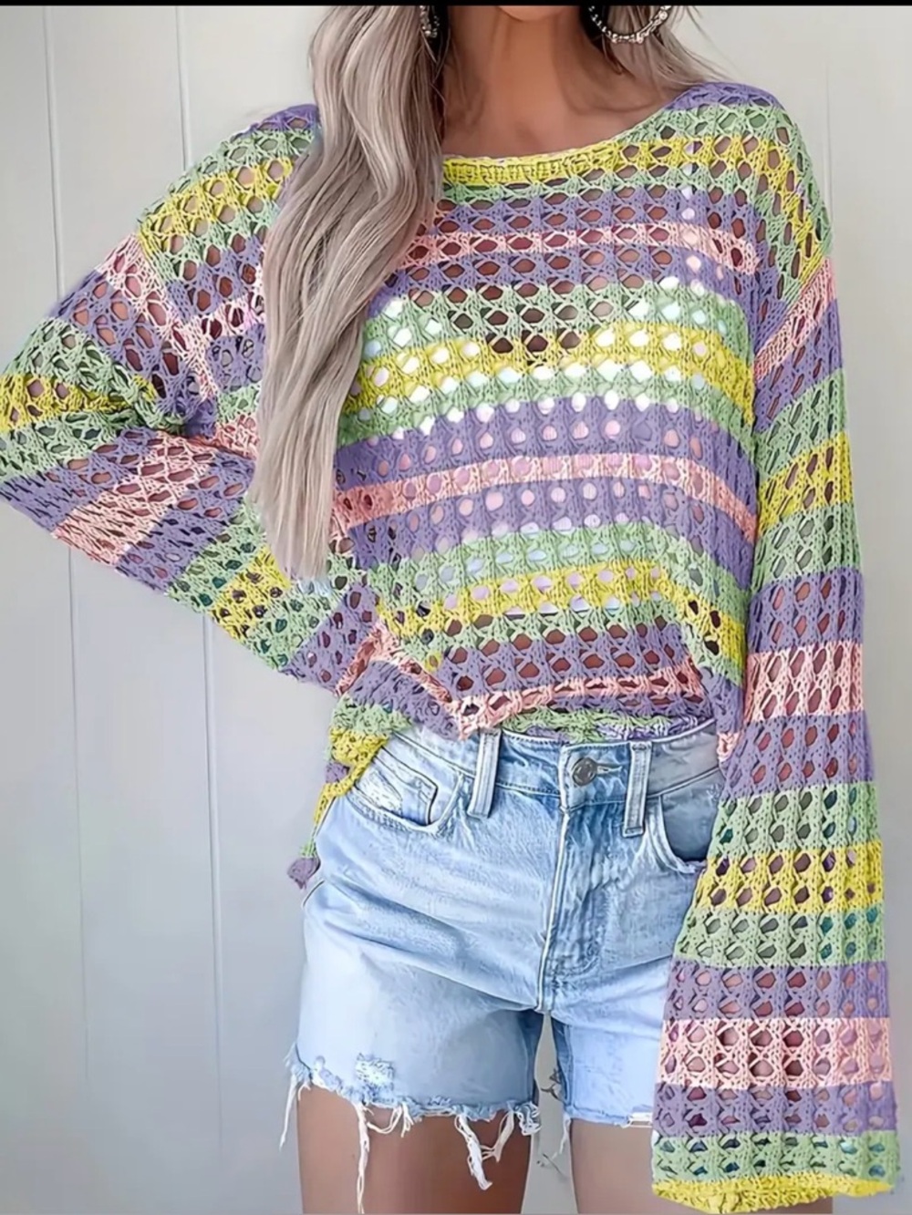 Rainbow Crochet Knit Top | Sheer Boho Beach Sweater | NWT Boutique